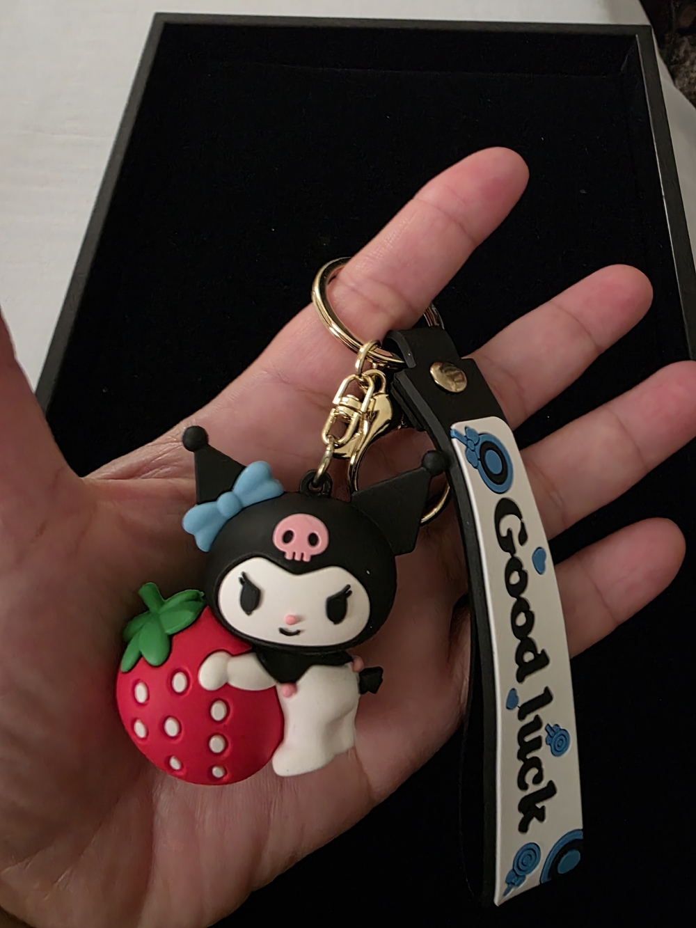 Kuromi-Inspired Black & Pink Strawberry Keychain with 'Good Luck' Strap